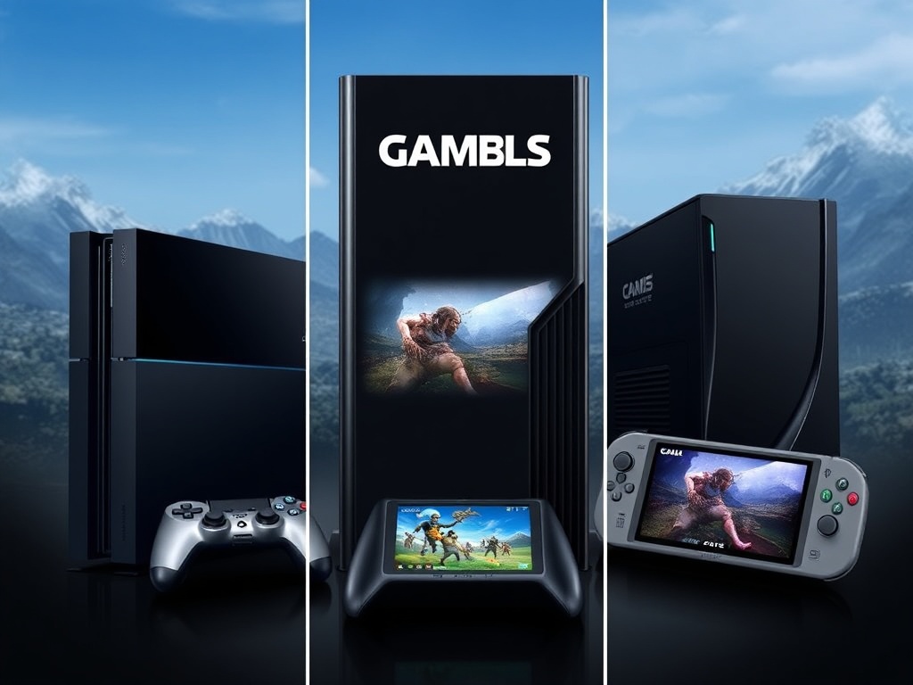 three gaming systems side by side desktop PC midrange PC and handheld device with performance overlays