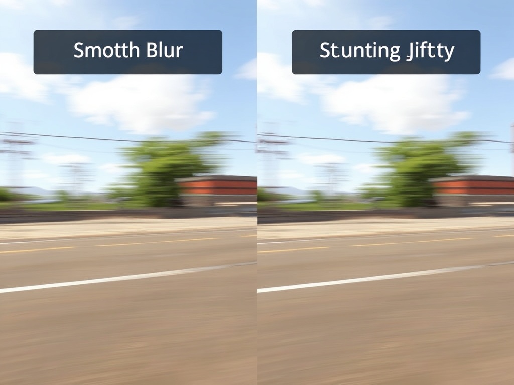 a comparison scene showing smooth motion blur on one side and stuttering jittery motion on the other, both in a realistic game environment