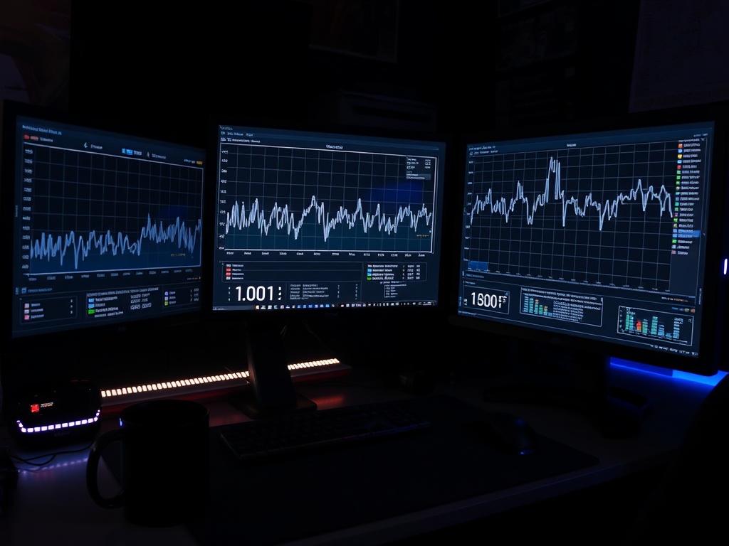 a dimly lit gaming desk with a high-end PC, multiple monitors showing fluctuating frame-time graphs with jagged spikes, black coffee mug nearby, technical atmosphere