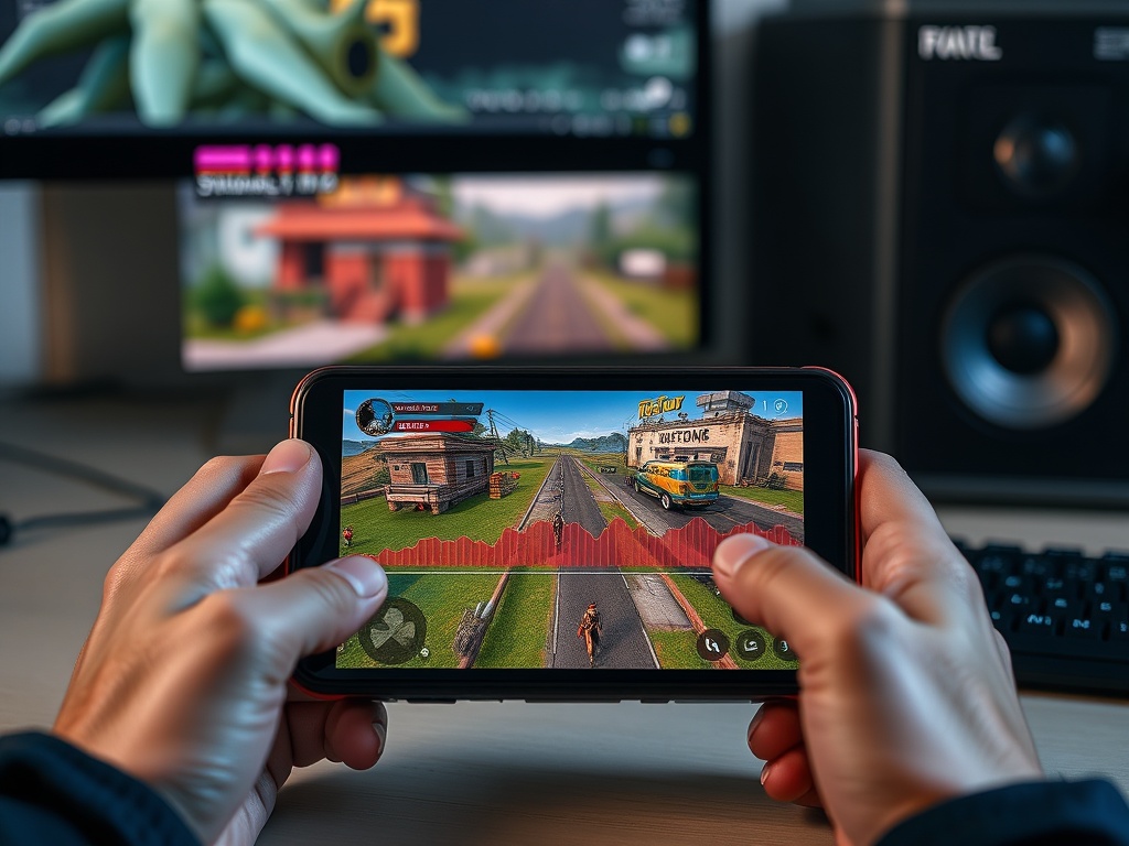 a handheld gaming device running a game smoothly with stable performance metrics overlay, contrasted with a desktop setup