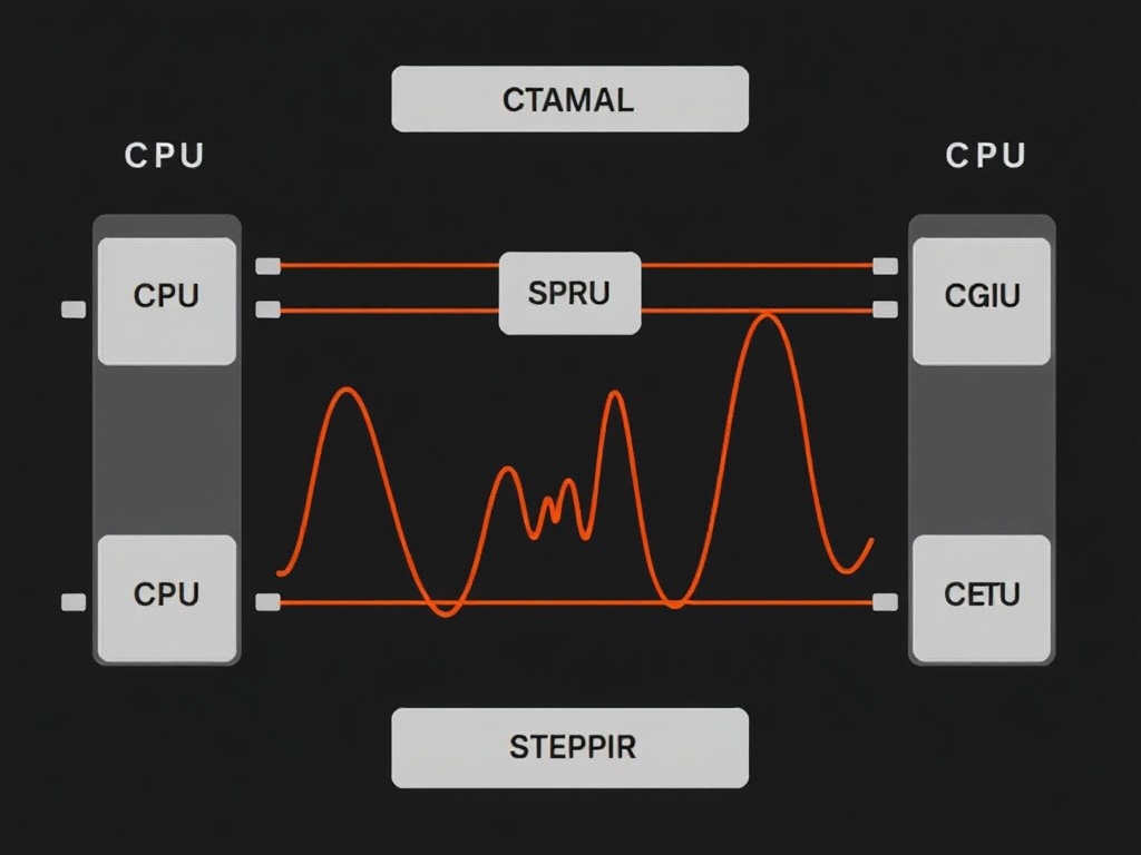 technical diagram of CPU and GPU communication with steady synchronized timing lines replacing chaotic irregular spikes
