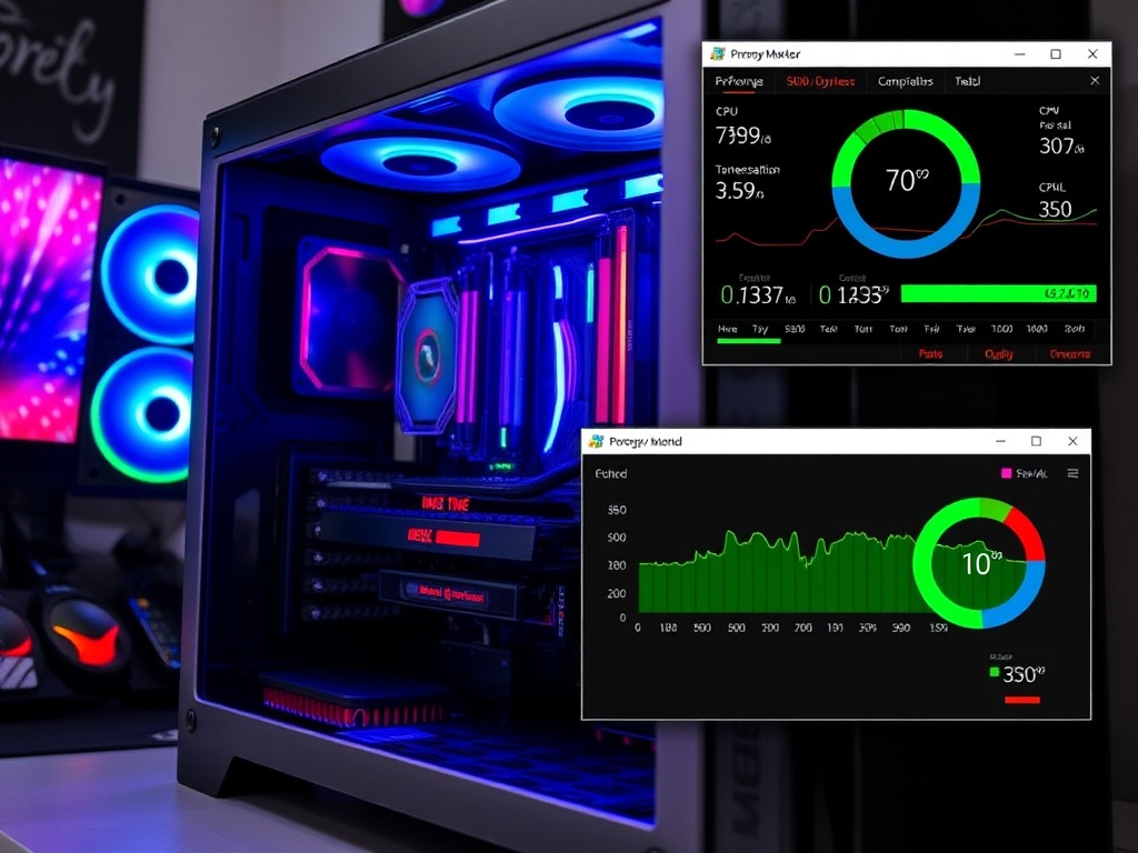 Gaming PC setup with performance monitoring software showing real-time temperature and CPU usage.