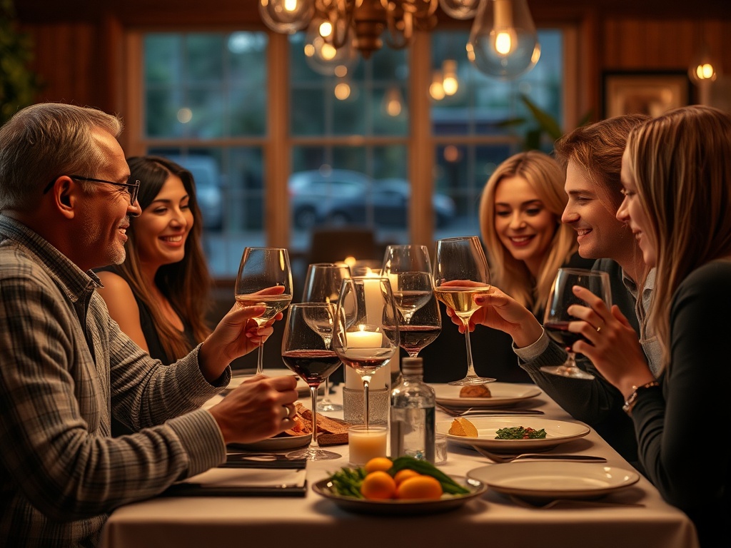 cozy casual dinner with friends, relaxed atmosphere, wine glasses, soft lighting