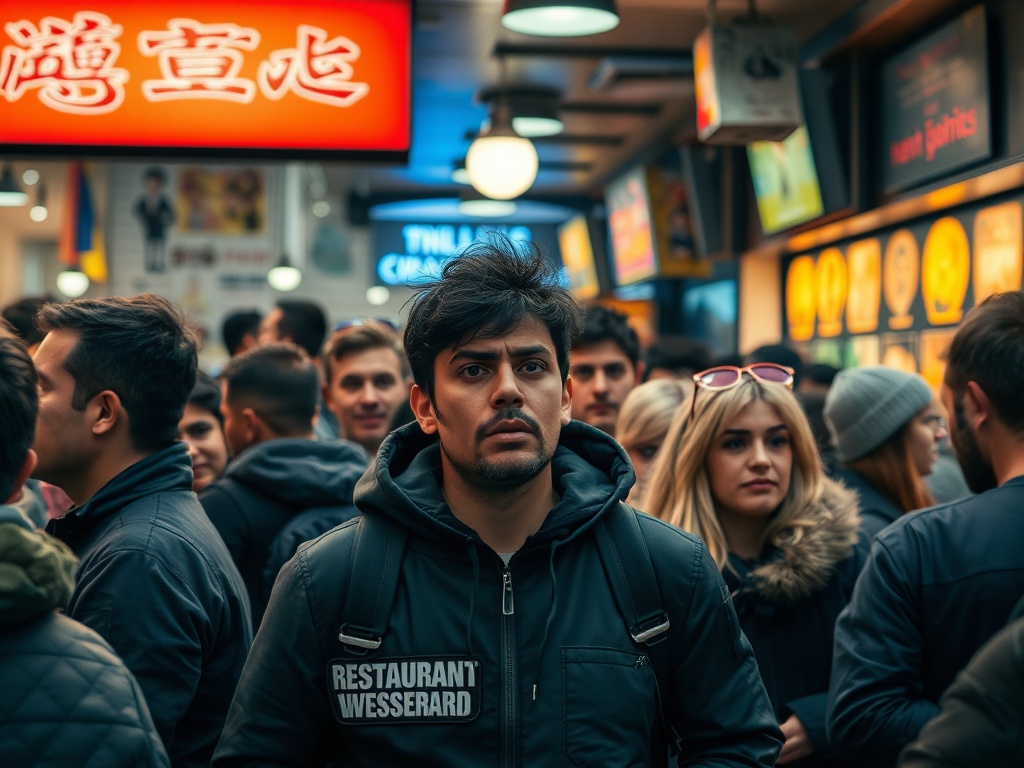 crowded restaurant waiting area, group looking frustrated, busy urban setting
