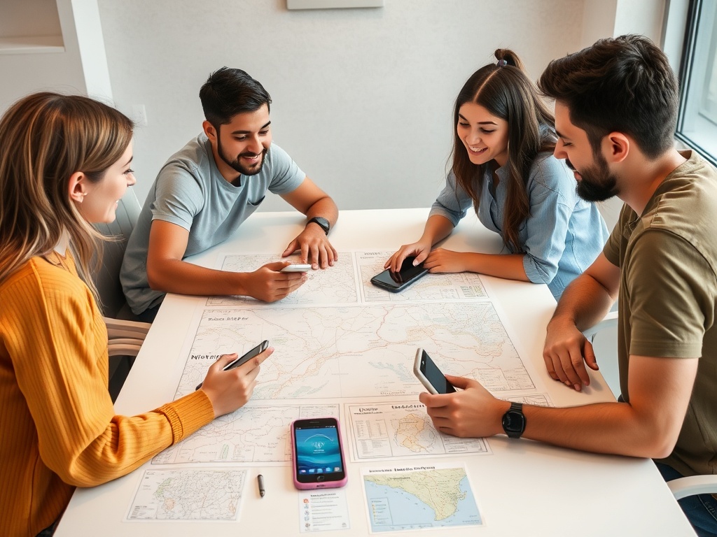 friends collaborating around table with maps and phones, organized planning session