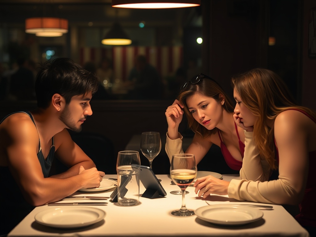 friends debating over a phone at dinner table, slightly tense mood, dim restaurant lighting