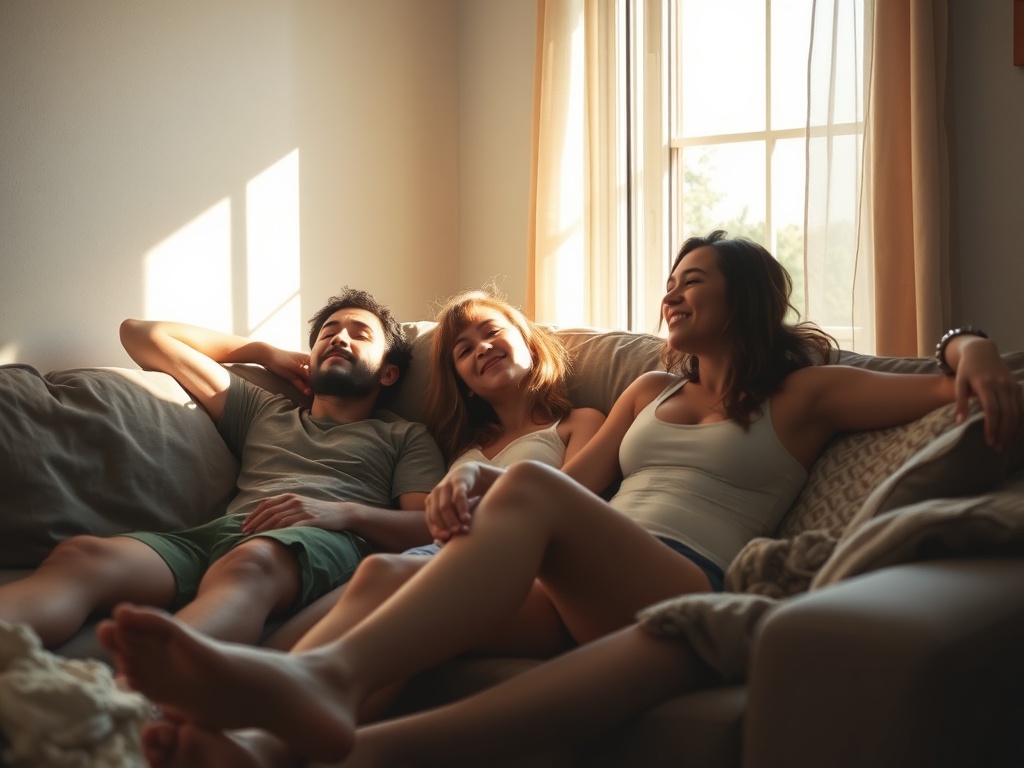 friends exhausted on couch midday vacation, sunlight through window, relaxed messy vibe