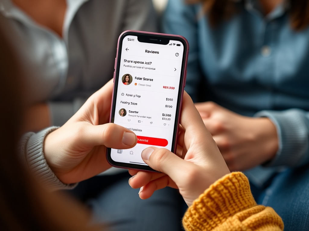 friends reviewing shared expense app on phone, clean modern interface, relieved expressions