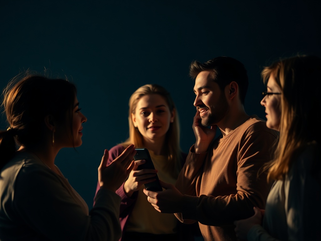 group chat conversation on phone, multiple opinions, slight tension