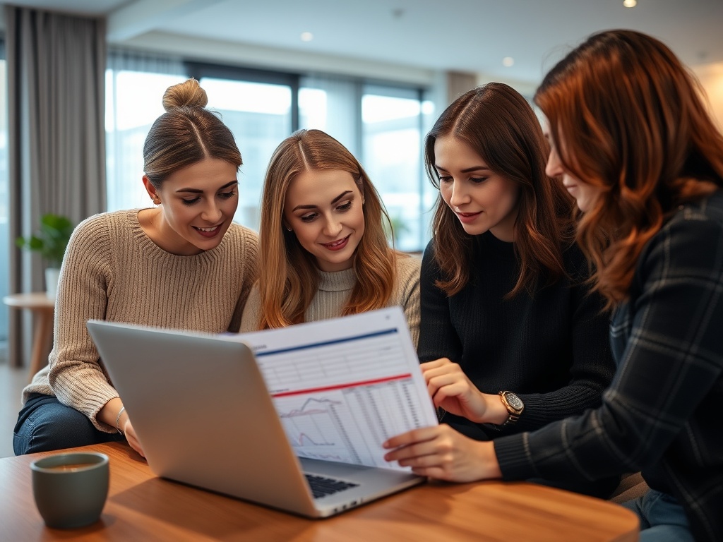 group of women reviewing a shared budget spreadsheet on laptop, focused expressions, modern apartment setting