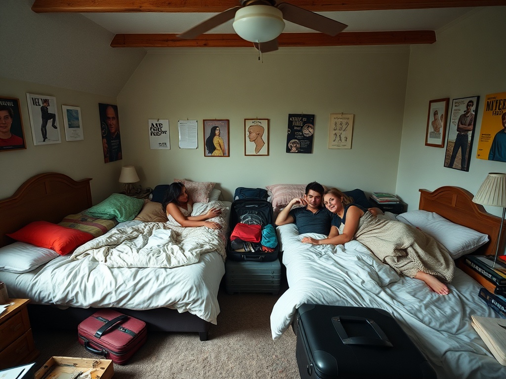 open suitcase chaos in shared bedroom, multiple beds, people negotiating space