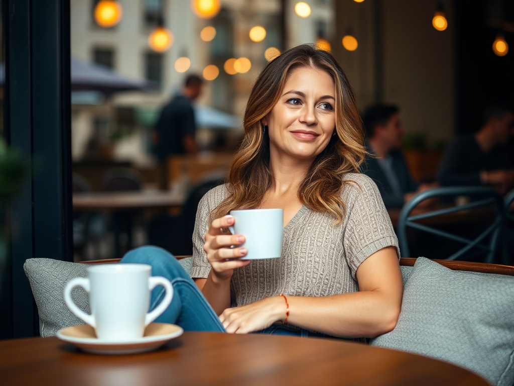 woman relaxing alone with coffee while friends out, peaceful solo moment
