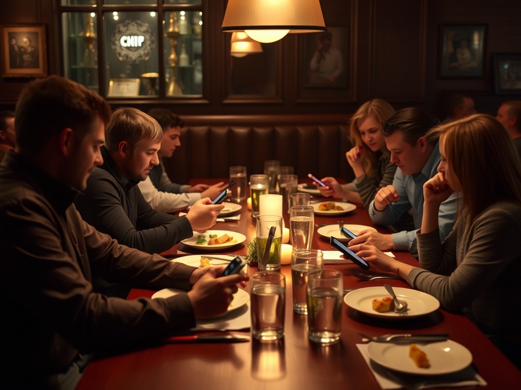 friends at a large dinner table splitting a bill with phones out, dim restaurant lighting, candid moment, realistic