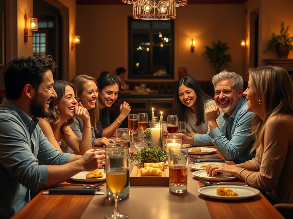 group of friends laughing at dinner with no phones out, relaxed happy energy, warm lighting, long table