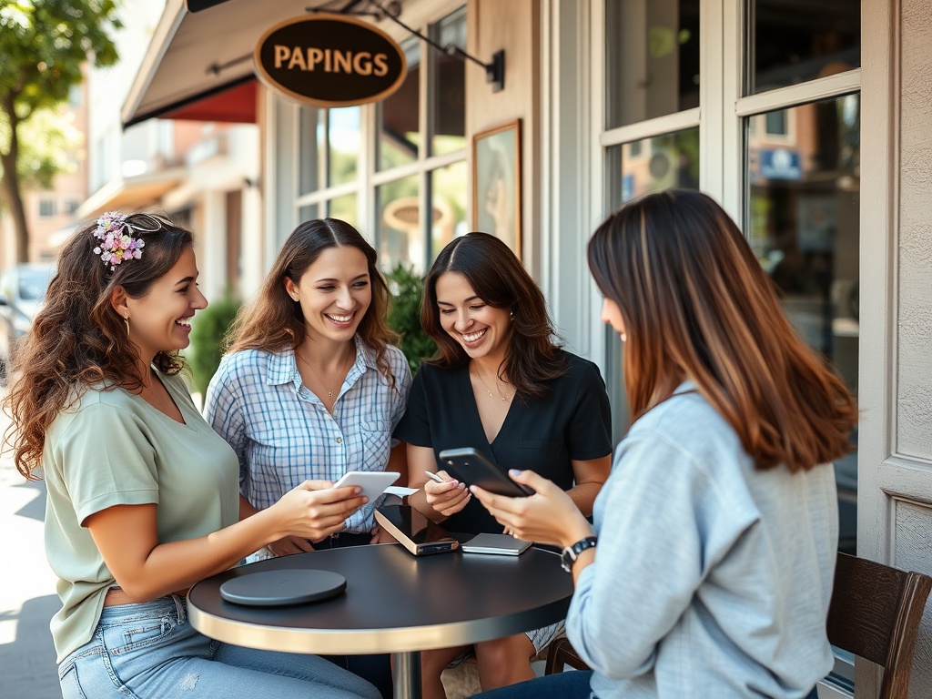 group of women outside a cafe laughing while one person inputs expenses on phone, sunny street scene, relaxed but organized vibe