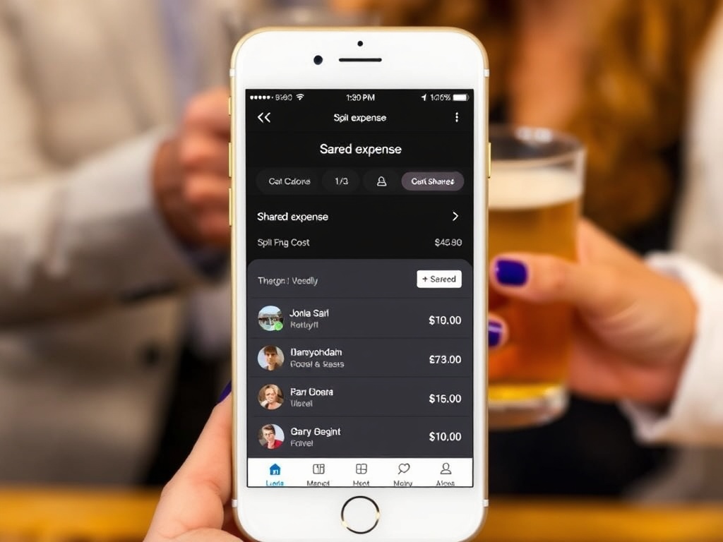 phone screen showing a shared expense app with multiple people splitting costs, clean interface, hands holding drinks in background