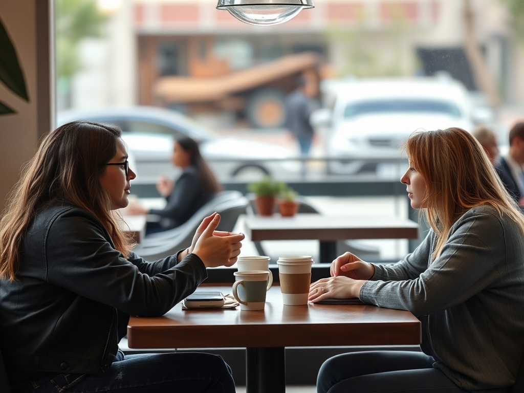 two friends having a light but slightly tense conversation at brunch table, coffee cups and phones visible, realistic candid moment