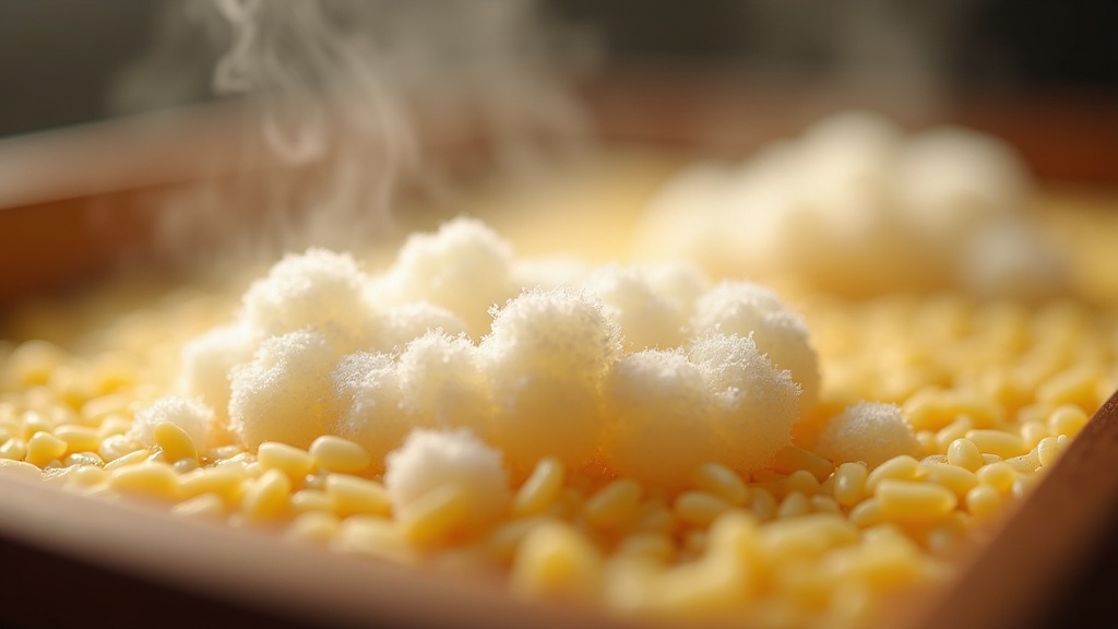 Koji mold mycelium growing on steamed rice grains