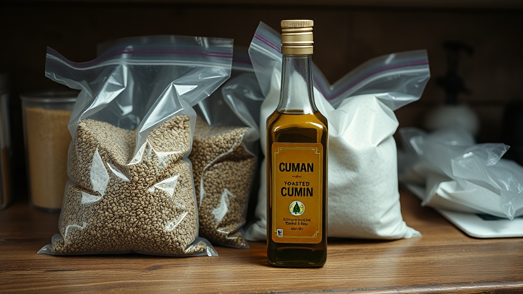 Large bags of cumin seeds and a bottle of sesame seed oil on a worn wooden kitchen counter.