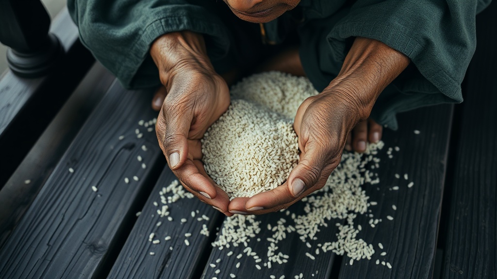 Elderly Balinese woman's hands carefully separating grains of rice