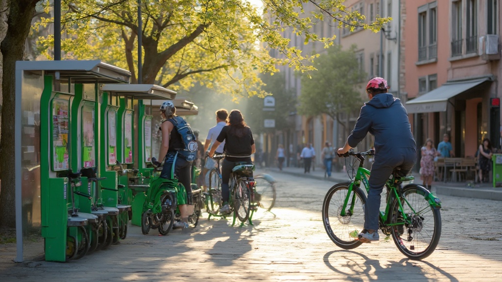 Electric bike-sharing dock in a quaint European town square during spring, cyclists using e‑bikes, soft morning light, documentary style