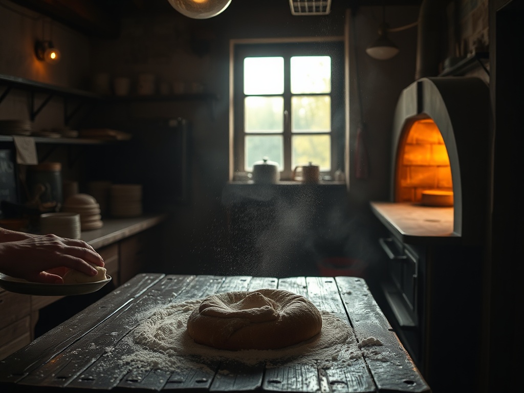 a dimly lit bakery interior at dawn, flour dust in the air, hands kneading dough on a worn wooden table, warm amber light from an old oven