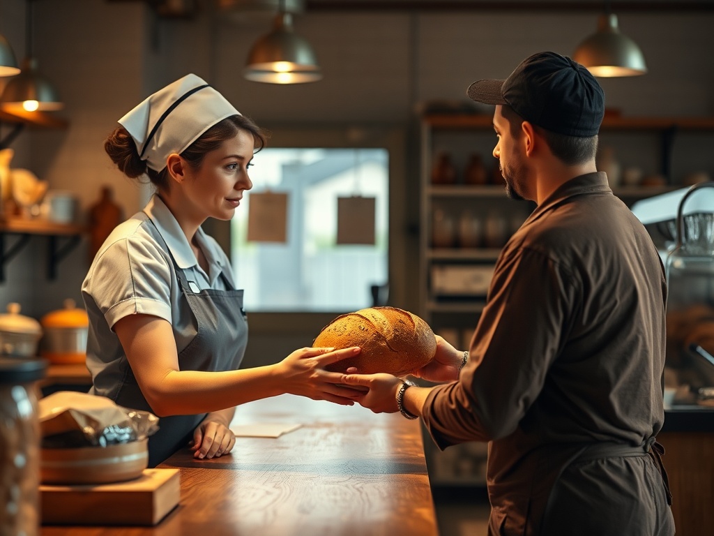 a tired nurse in uniform receiving a loaf of bread from a baker across a wooden counter, warm light illuminating their faces