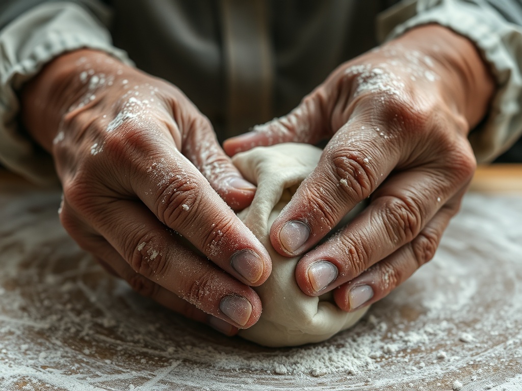 close-up of aged hands dusted with flour, small scars visible, shaping dough with care and precision