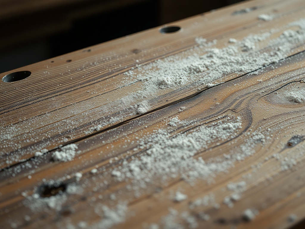 close-up of worn wooden bakery table with burn marks, flour scattered, strong textured lighting highlighting imperfections