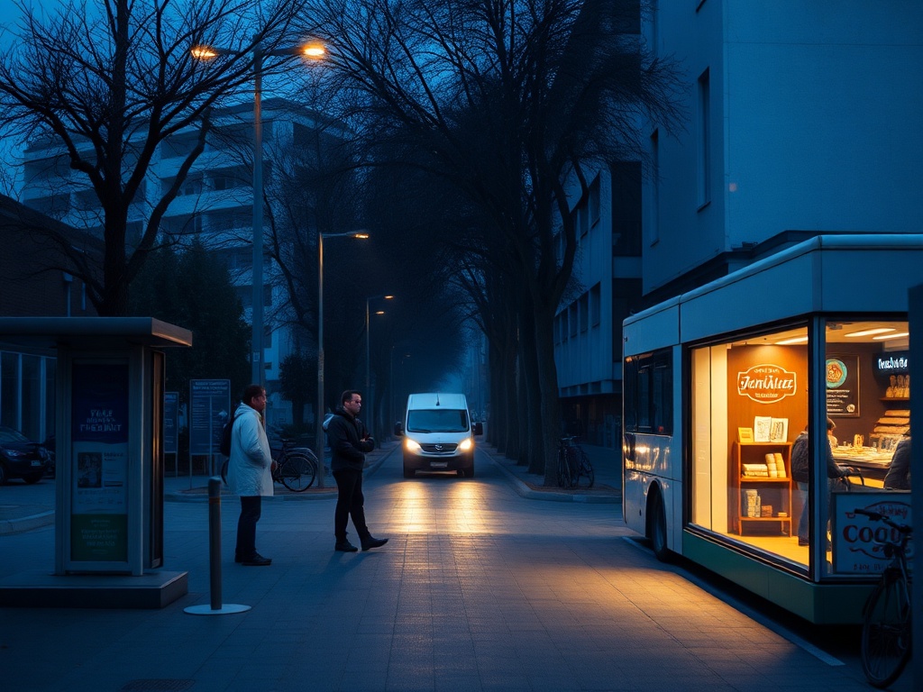early morning street with a quiet bus stop, workers waiting in dim blue light, bakery window glowing warmly in contrast