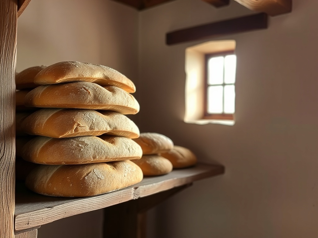 fresh loaves of bread stacked on a rustic shelf, soft morning light entering through a small window, quiet atmosphere