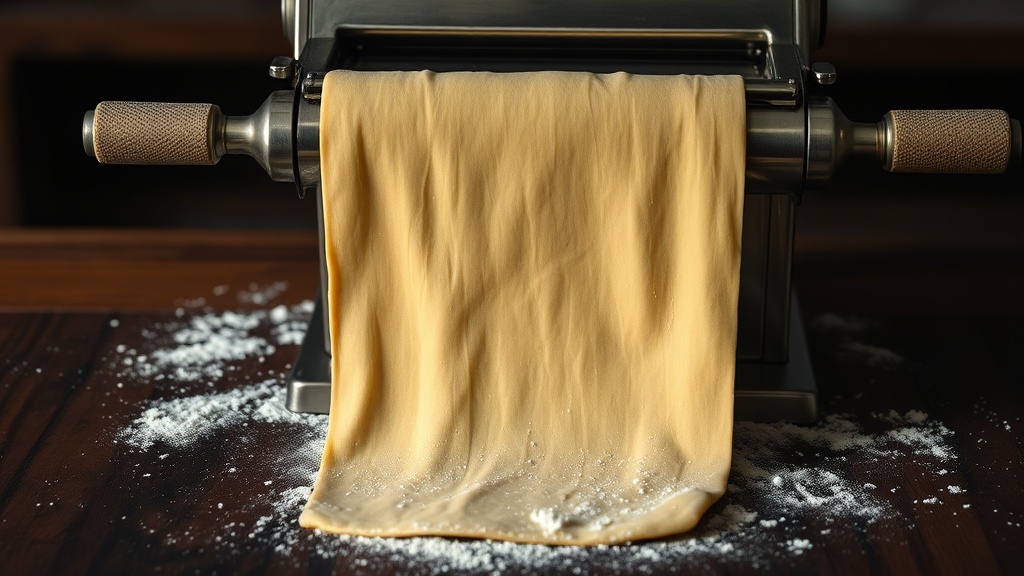Close-up of a 60/40 blend of brown rice and chickpea flour pasta dough being rolled through a stainless steel pasta machine.