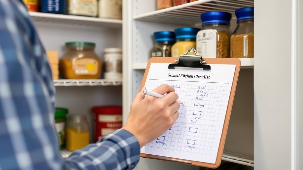 Home cook marking a kitchen checklist with a clipboard beside pantry shelves and serving station, practical planning for shared kitchen safety