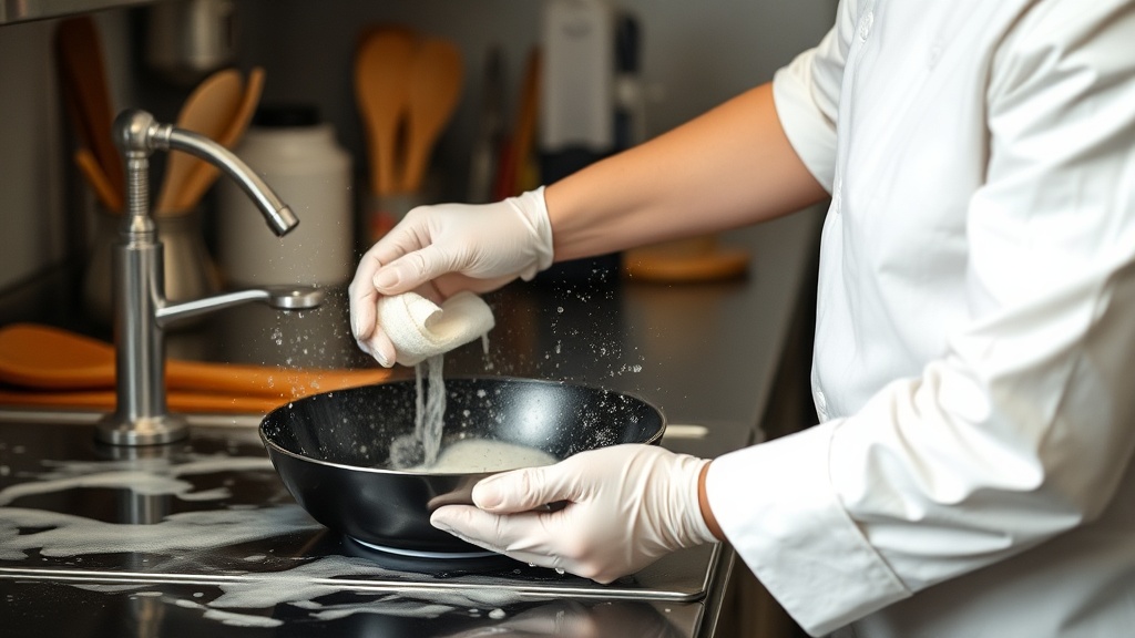 Kitchen worker cleaning skillet and utensils using a simple soap-and-water protocol with labeled drying towels, no panic, just a practical workflow