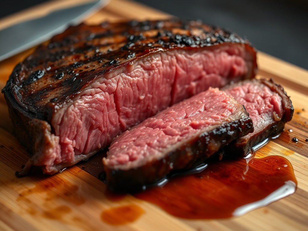 A perfectly rested, juicy steak sliced against the grain, with visible juice pooling on the cutting board