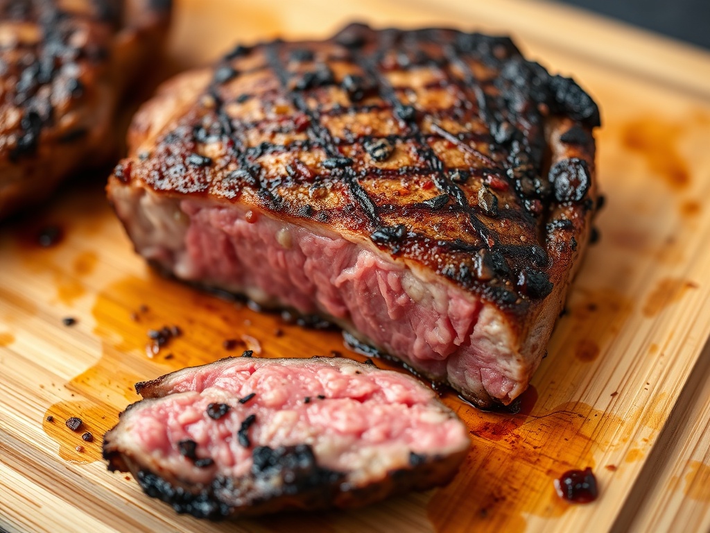 Detailed close-up of a perfectly seared steak resting on a cutting board, golden crust with a juicy pink center