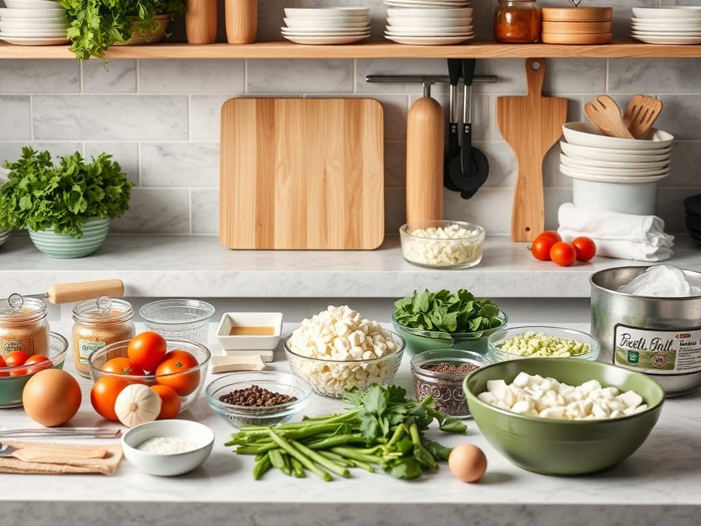 Organized kitchen prep with ingredients neatly arranged, mise en place style