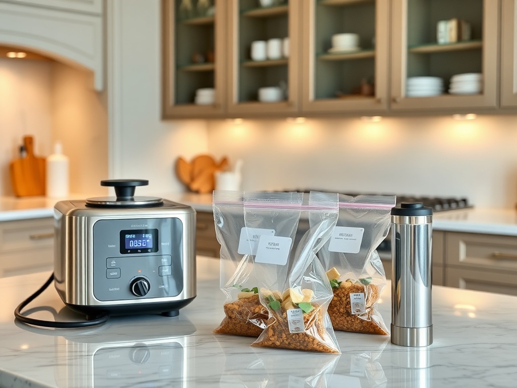 Sous-vide bags and immersion circulator setup, elegant kitchen countertop