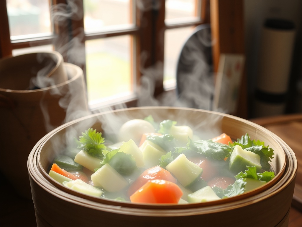 Steaming vegetables in a bamboo steamer, natural light filtering through a kitchen window