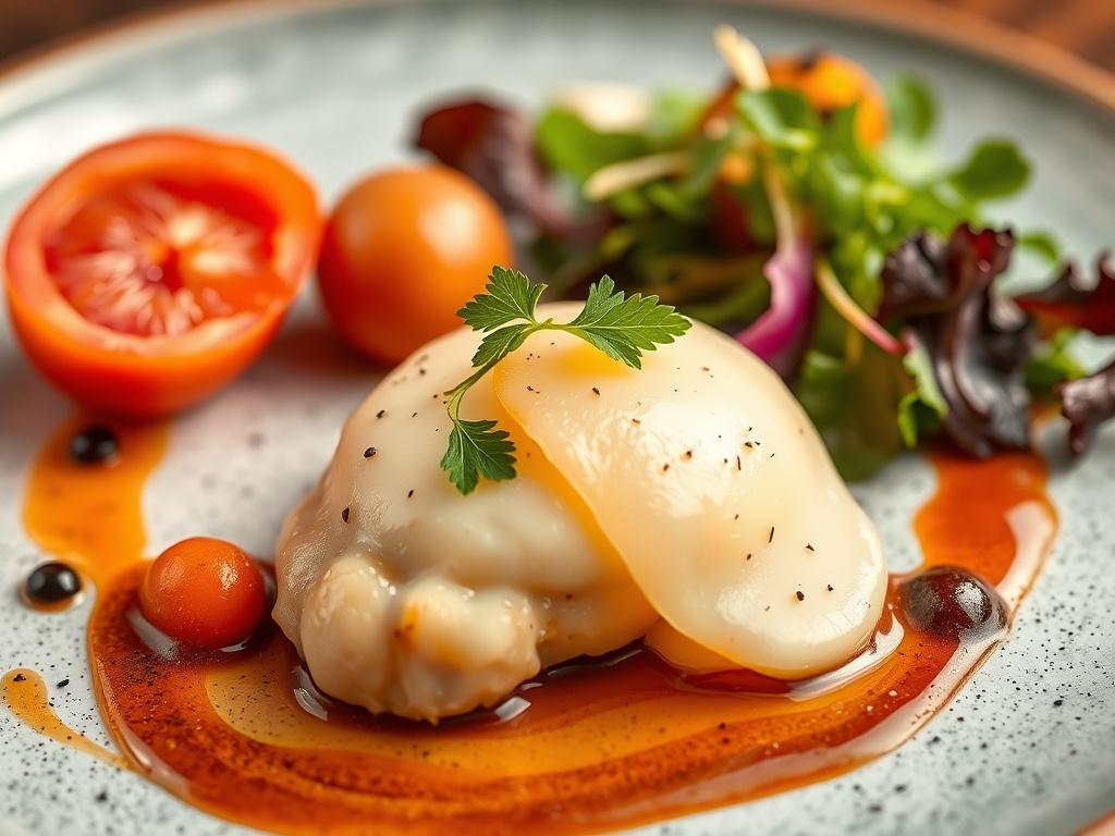 a beautiful gourmet plated dish with contrasting textures and vibrant colors