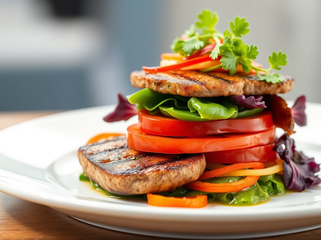 a stack of vibrant vegetables with a piece of grilled meat arranged artistically on a white plate