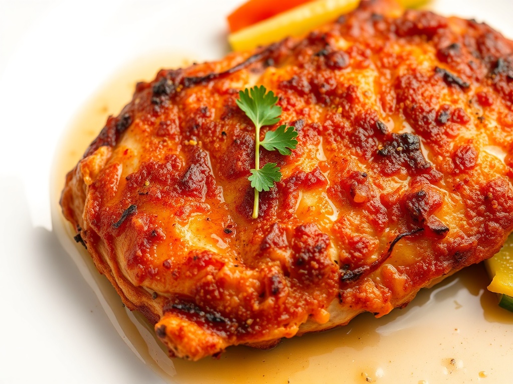 close-up of crispy skin chicken breast on a white plate with a vegetable garnish and sauce