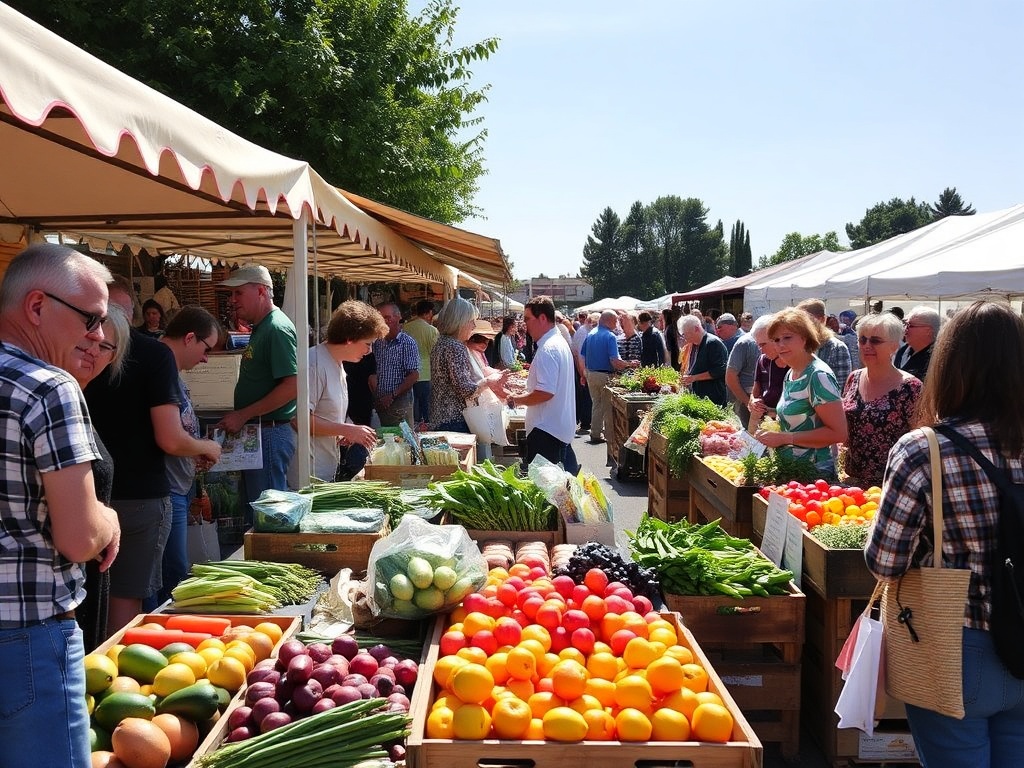 A lively farmers market with locals interacting, stalls filled with fresh produce, and handmade goods.