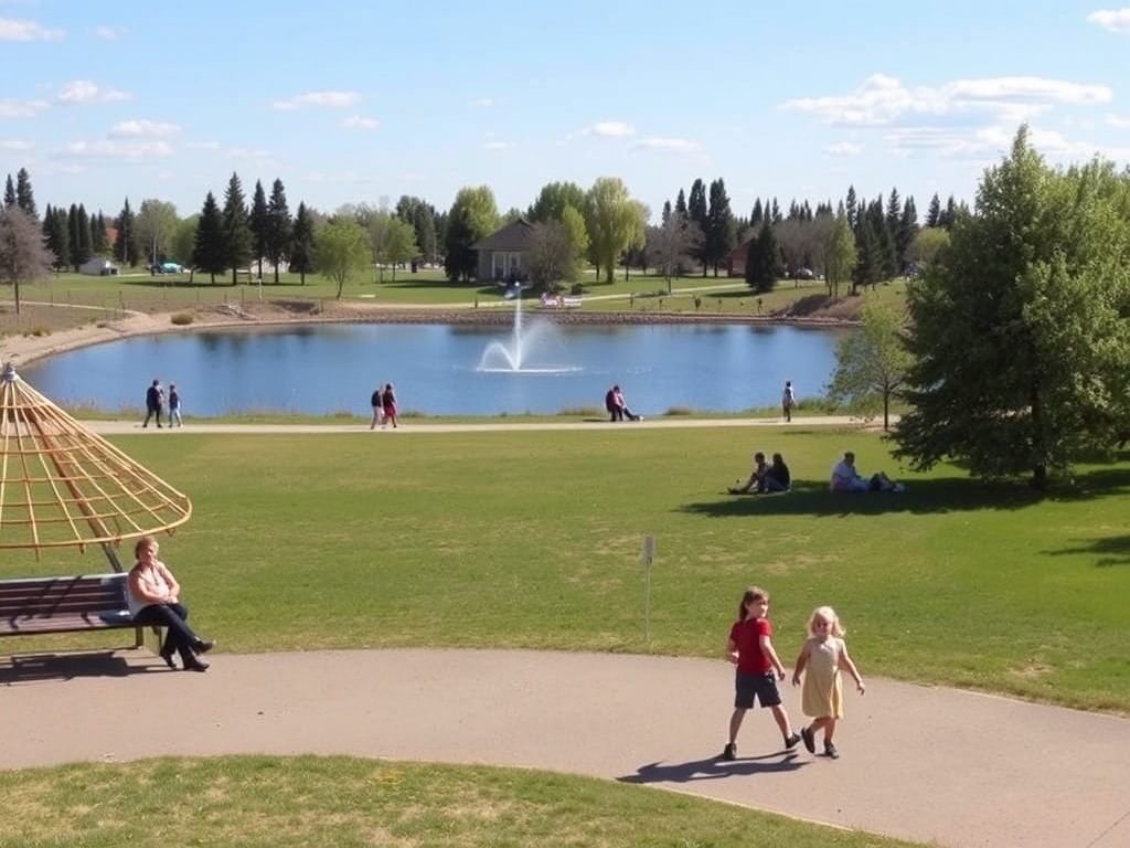 A tranquil park in Grande Prairie with families enjoying a sunny day and kids playing outdoors.