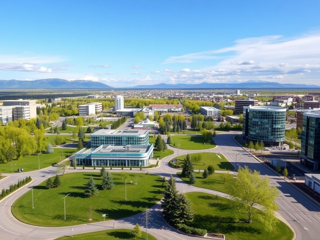 Stunning cityscape of Grande Prairie with green parks, modern buildings, and the backdrop of the Rocky Mountains.