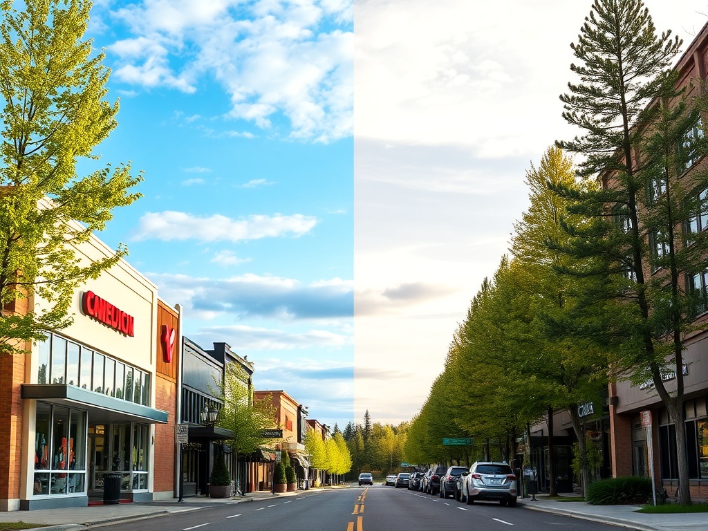 contrast image Grande Prairie city street modern shops vs surrounding rural forest Alberta