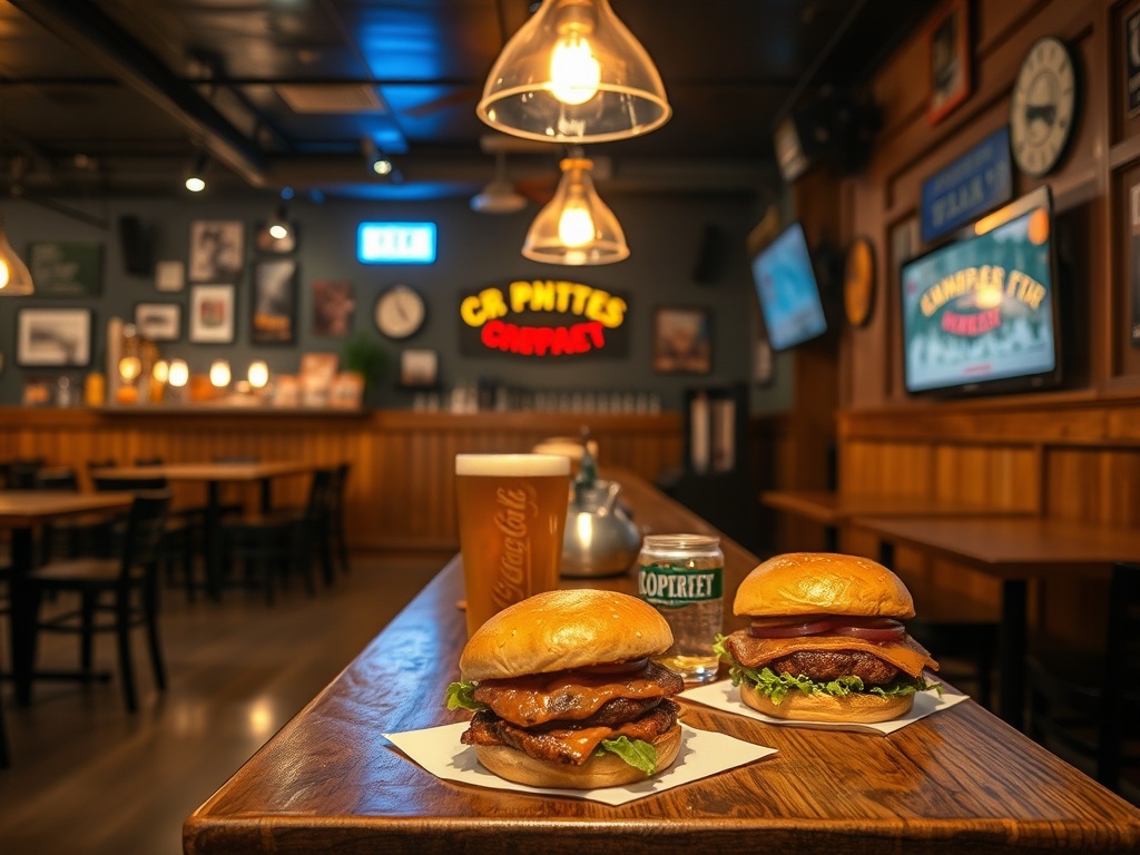 cozy local restaurant interior Grande Prairie Alberta warm lighting burgers craft beer casual dining