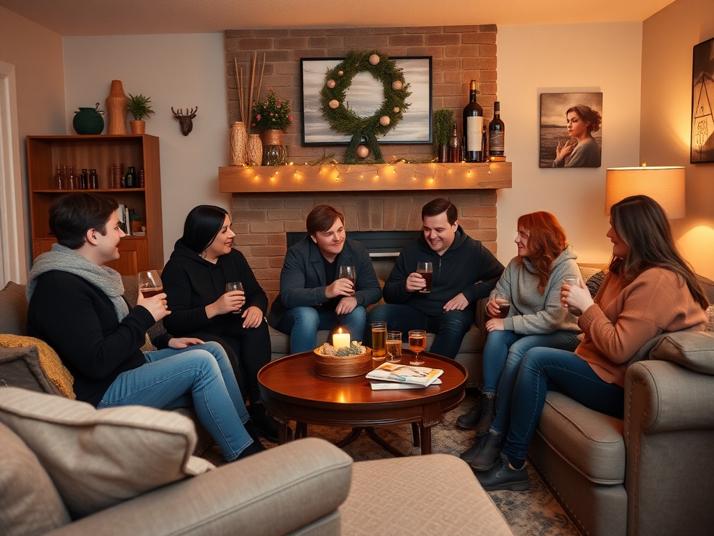 friends gathering in a living room in Grande Prairie Alberta cozy home winter evening casual drinks