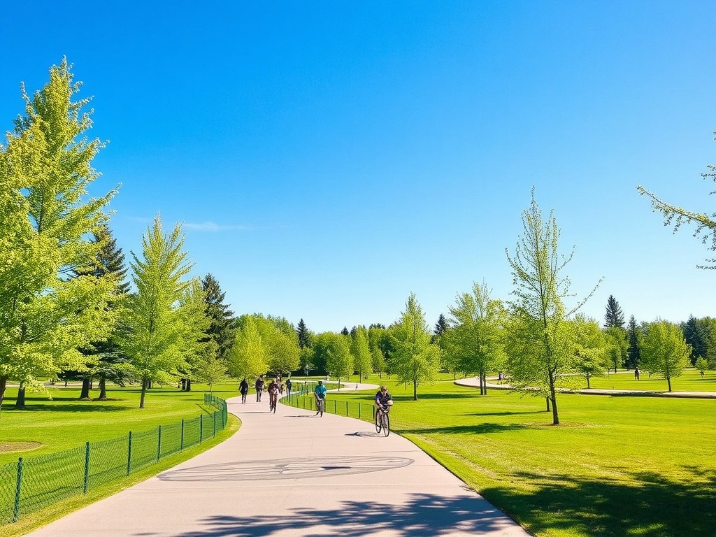 Grande Prairie summer park scene Muskoseepi Park green trees walking trails people biking sunny blue sky