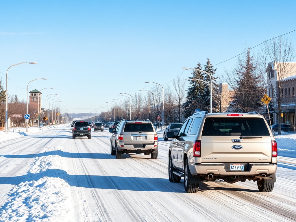 Grande Prairie winter driving scene snowy roads trucks SUVs navigating icy streets under clear blue sky